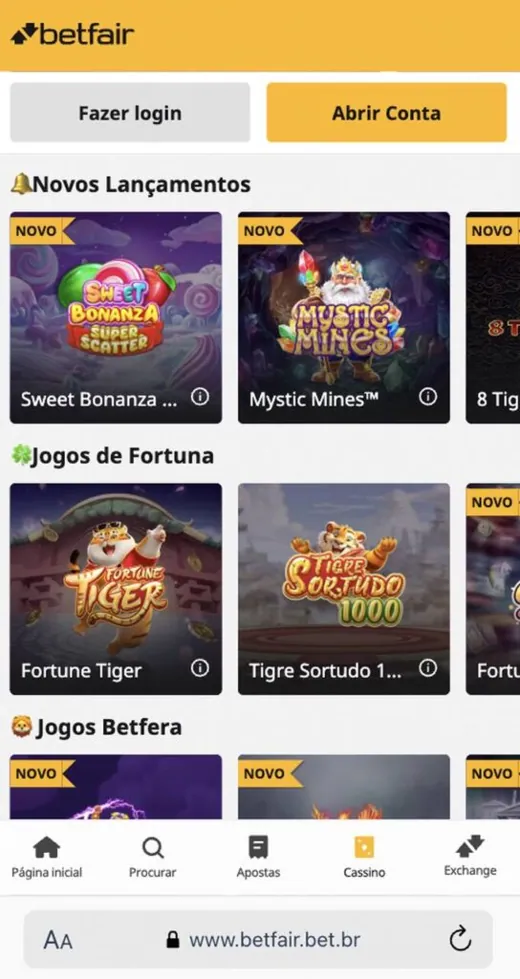 Interface do lobby da Betfair Brasil com jogos de cassino e opções de login.