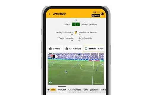 Interface móvel da Betfair mostrando uma partida de futebol ao vivo e opções de aposta.