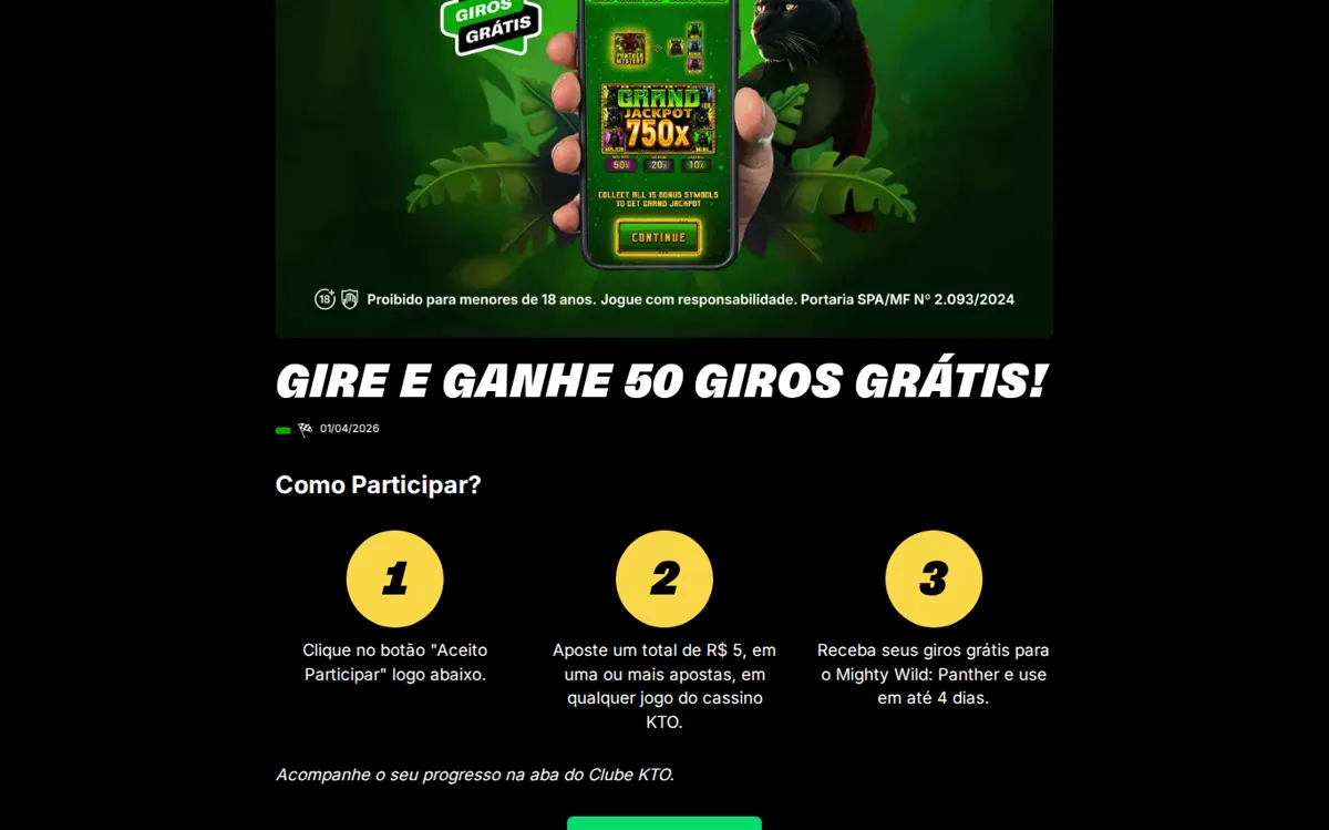 Promoção Gire e Ganhe 50 Giros Grátis no cassino KTO