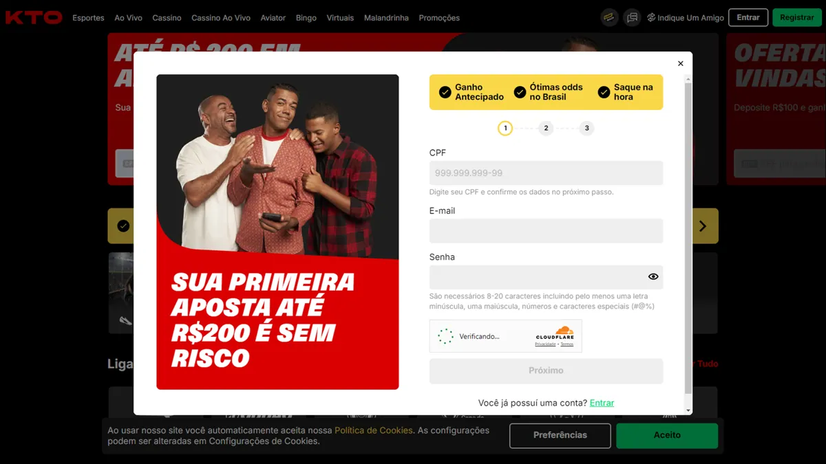 Formulário de cadastro da KTO com campos de CPF, e-mail e senha