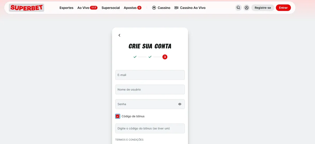 Formulário de cadastro da Superbet com opção de código de bônus